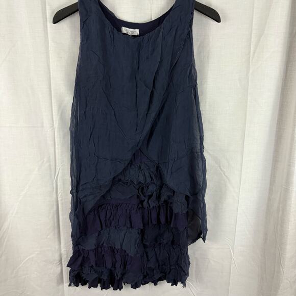 H Trend Made in Italy Navy Blue 100% Silk Ruffle Sleeveless Dress XS - Picture 1 of 5